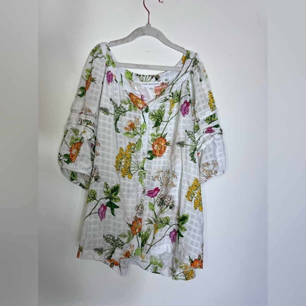 Jane Delancey Floral Puff Sleeve Peasant Blouse Size L Cottagecore Garden Top - Picture 8 of 11